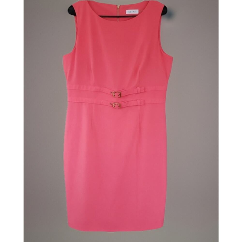 Calvin Klein Shealth Pencil Hot Pink Dress Size 14 XL Business Career Gold Accs